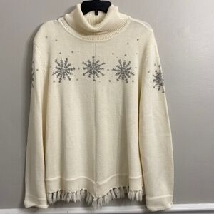 ALFRED DUNNER Cream Knit Cowl Neck Snowman Sweater Tassel Fringe Hem Women's M